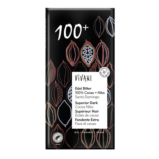 Tafelschokolade Edel Bitter 100% Cacao + Nibs vegan bio Vivani 10x80g