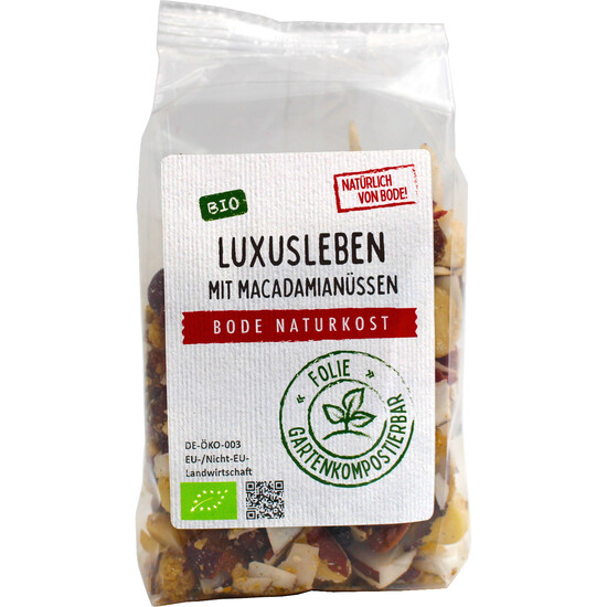 Luxusleben - Macadamia Mix bio -ohne Rosinen- gartenkompostierbarer Beutel 6x175g