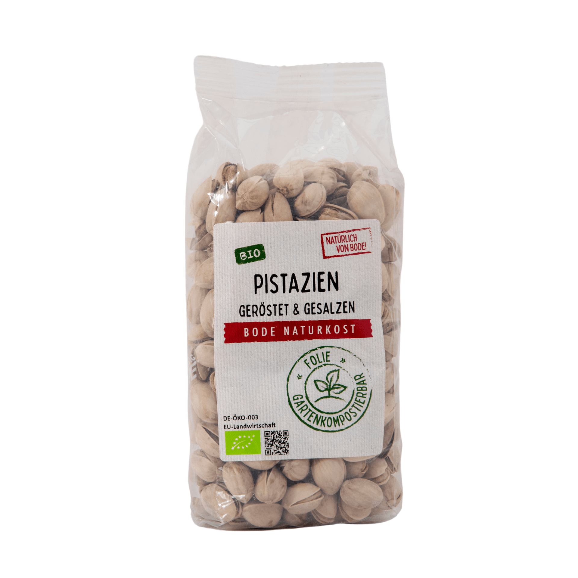 Pistazien geröstet gesalzen in Schale bio, gartenkompostierbarer Beutel 6x250g