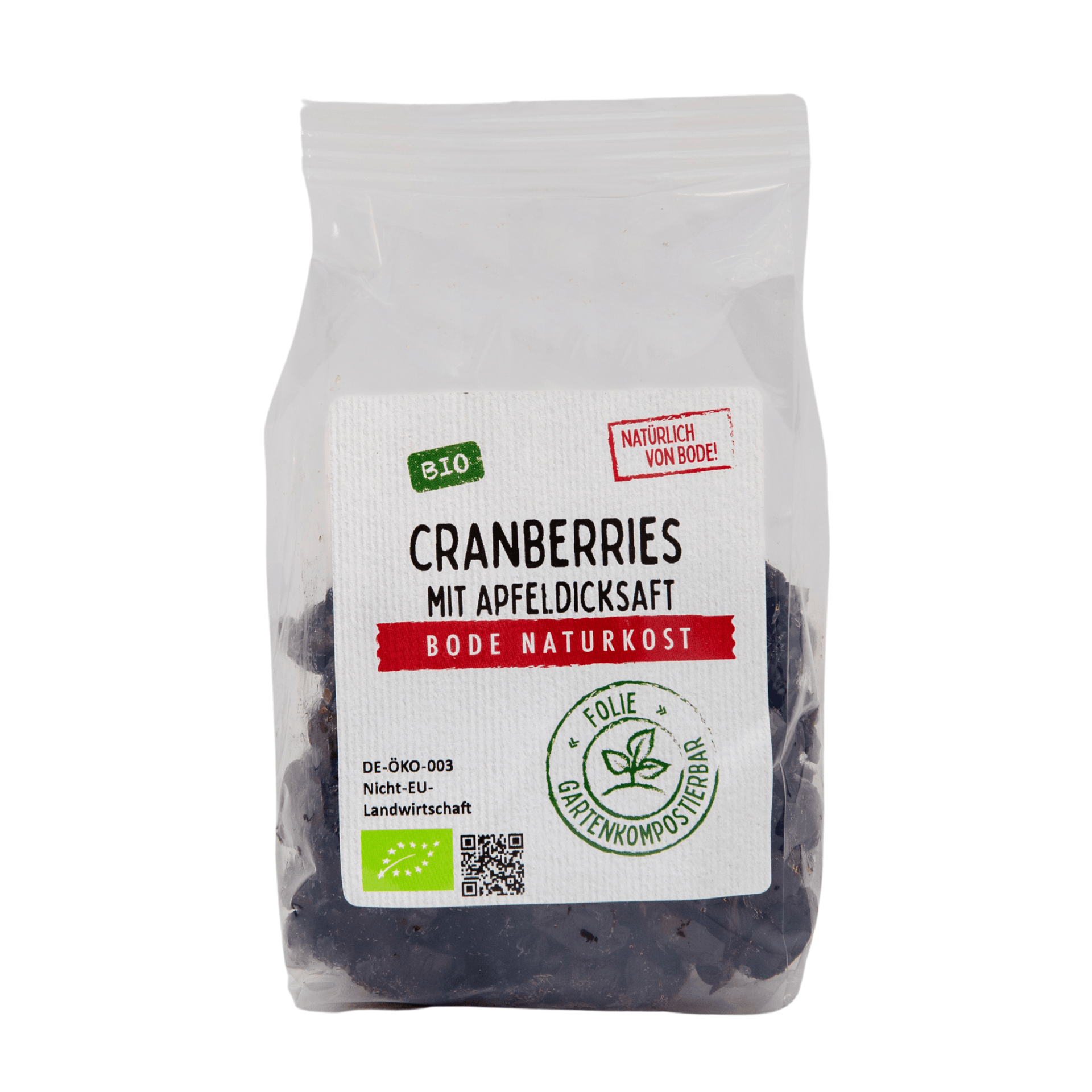 Cranberries gesüßt mit Apfeldicksaft bio, gartenkompostierbarer Beutel 6x125g